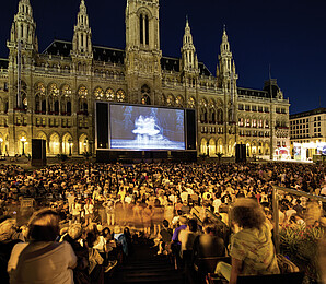 Large crowd of people watching a film at Vienna's Rathaus