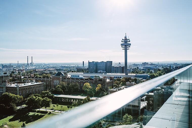 View of Vienna and a large tower from an outlook spot on a sunny day
