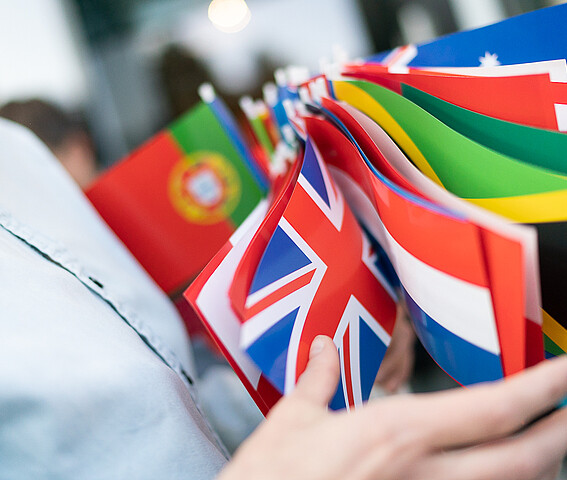 Someone holding a bunch of flags of different countries