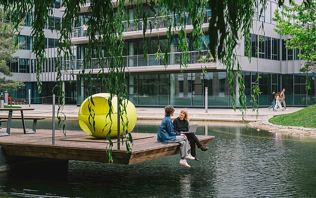 Two women discussing on a pier among greenery.