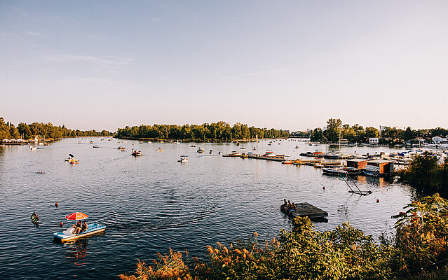 Panorama of the Danube River, surrounded by trees, and people in the water.
