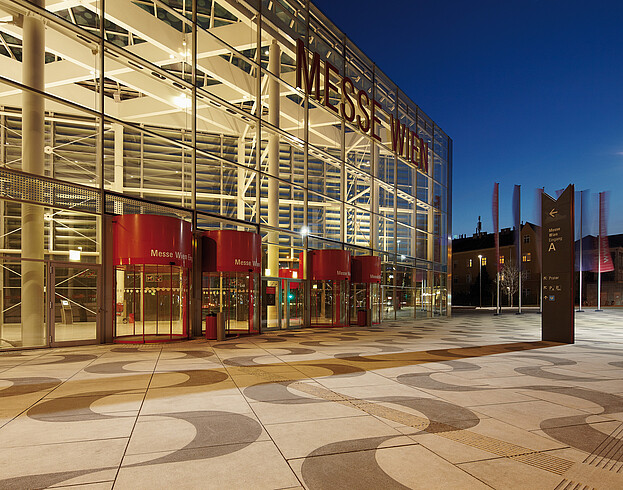 The Messe Wien entrance at night