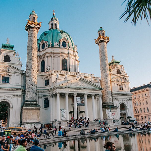 View of the baroque church Karlskirche in Vienna in the evening