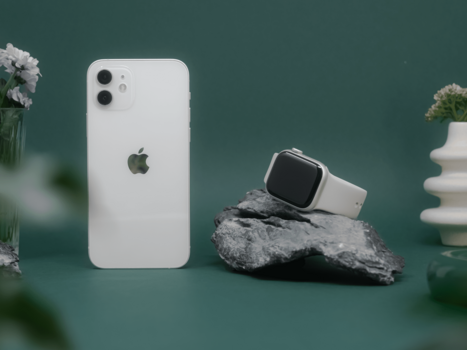 Product picture featuring an iPhone, an Apple watch, and decorations.