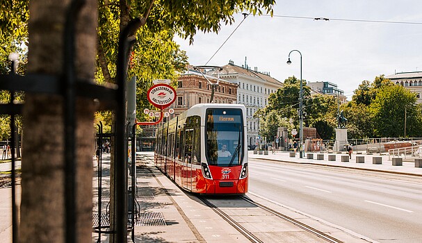 Vienna Public Transport A 71 tram arriving at a station on the Ring Street in Vienna