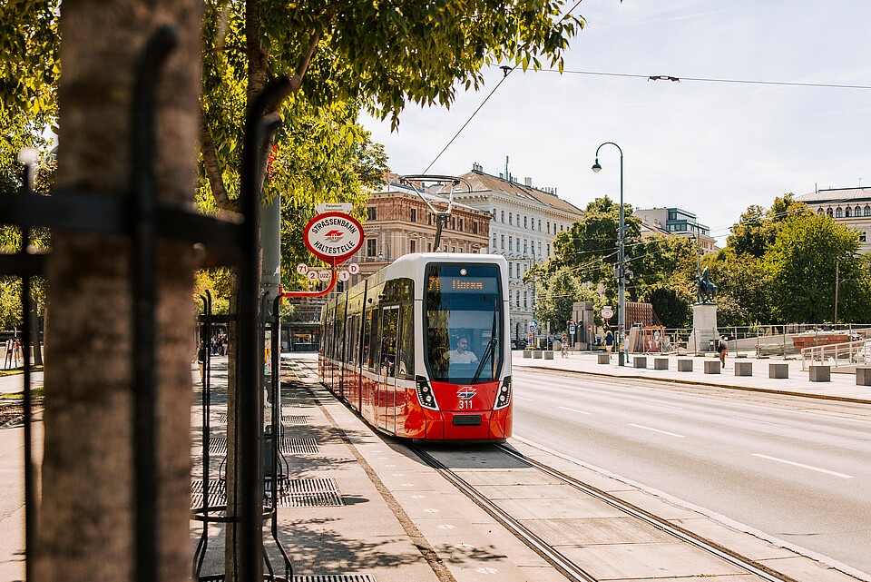 A 71 tram arriving at a station on the Ring Street in Vienna