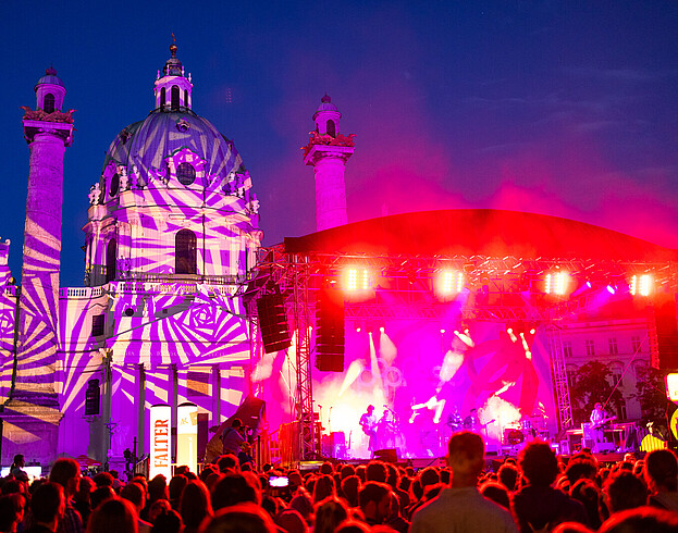 The annual Popfest on Karlsplatz by night. 