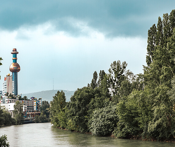 A river view of the Spittelau burning plant in Vienna