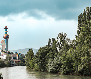 A river view of the Spittelau burning plant in Vienna